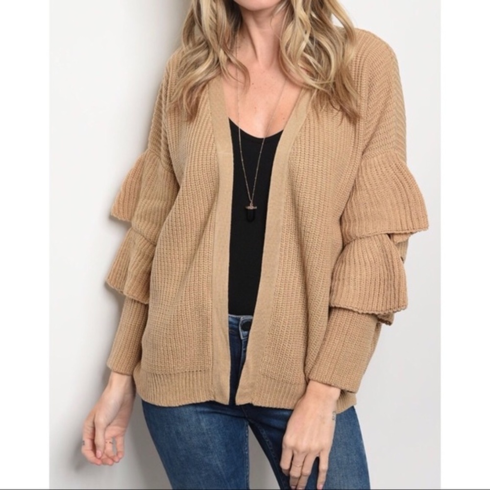 Tan Tiered Ruffled Sleeves Cardigan